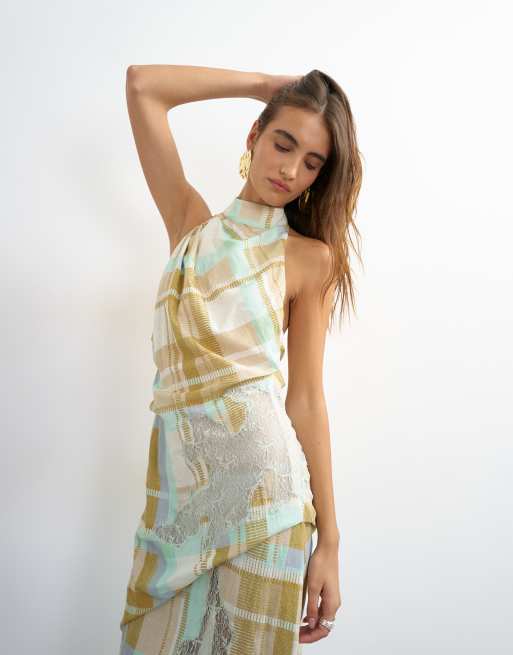 halter top linen dress Topshop premium blend neck lace hem occasion maxi in plaid short halter dress