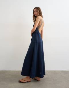 Premium linen rich halter neck wrap maxi dress in dark navy