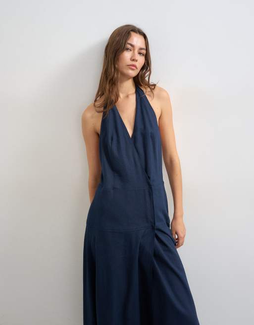Topshop premium linen rich halter neck wrap maxi dress in dark navy | ASOS