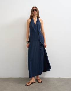 Model wearing Premium linen rich halter neck wrap maxi dress in dark navy