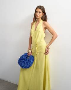 Model wearing Premium linen rich halter neck wrap maxi dress in muted lime