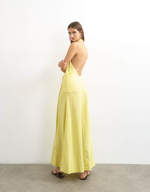 Topshop premium linen rich halter neck wrap maxi dress in muted lime, 2 of 4