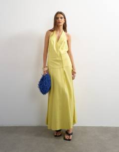 Model wearing Premium linen rich halter neck wrap maxi dress in muted lime