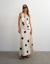 Topshop premium linen rich halter neck wrap maxi dress in natural mono polka dot