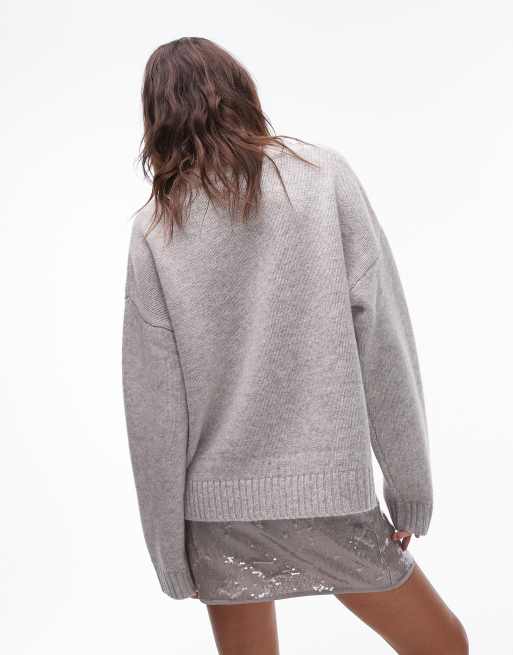 Topshop – Premium – Ljusgrå, stickad kofta i 100% lammull med v-ringning och avslappnad passform, 3 av 4