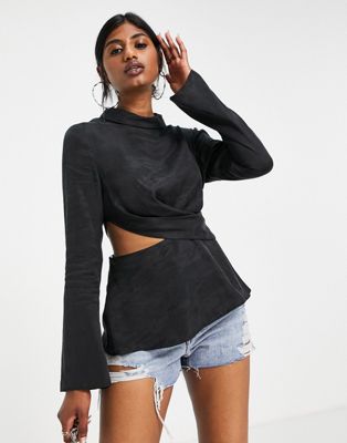 Topshop premium long sleeve draped cut out top in charcoal