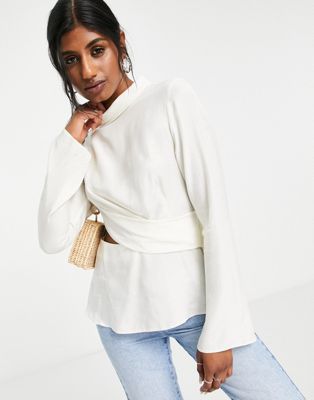 Topshop premium long sleeve draped cut out top in ivory - ASOS Price Checker