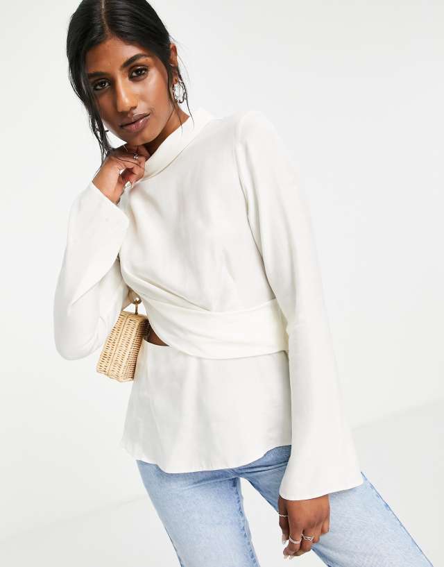 Topshop premium long sleeve draped cut out top in ivory