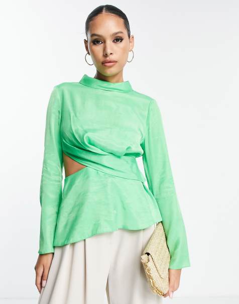Topshop premium long sleeve draped cut out top in lime - view 1