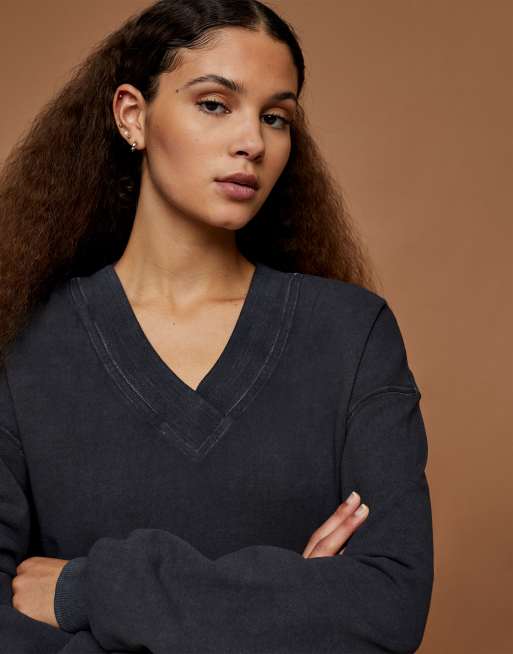 Topshop Premium lounge V neck sweatshirt in charcoal gray ASOS