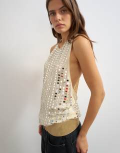 Premium low scoop open back tank top with heavy silver embellishment in off white