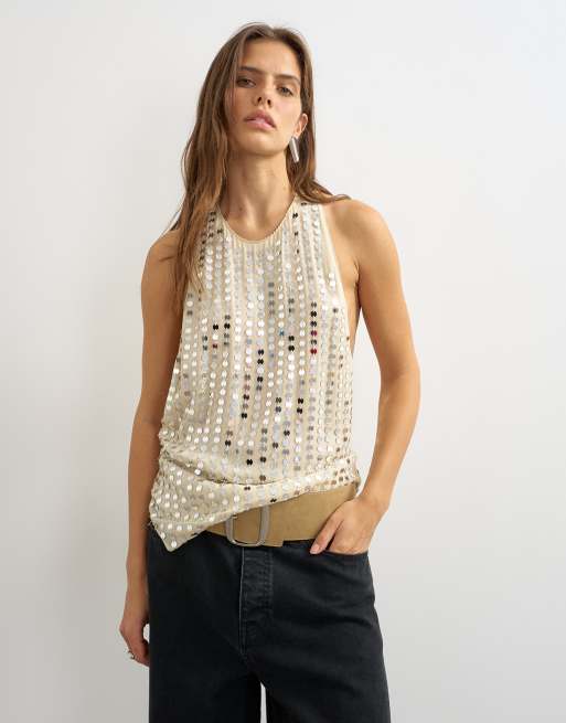 Topshop premium low scoop open back tank top with heavy silver embellishment in off white, 2 of 4