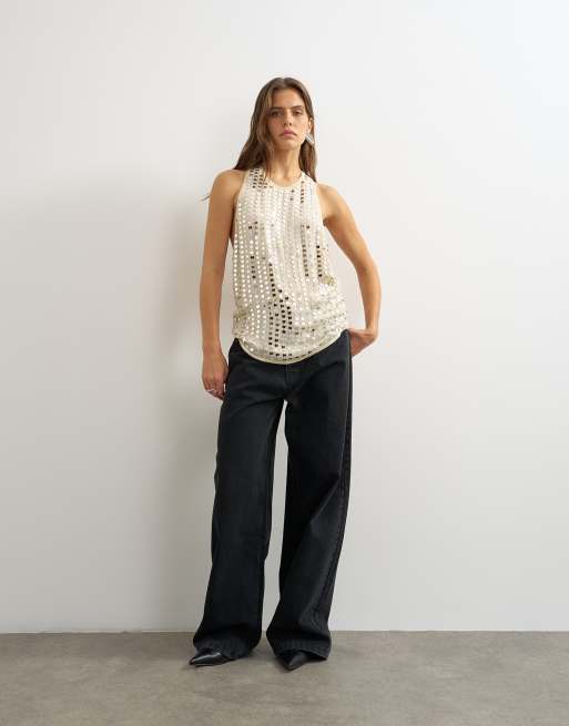 Topshop premium low scoop open back tank top with heavy silver embellishment in off white, 3 of 4