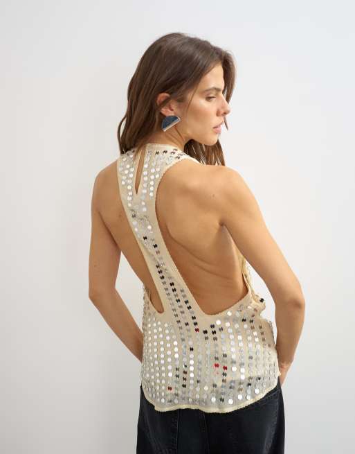 Topshop premium low scoop open back tank top with heavy silver embellishment in off white, 4 of 4