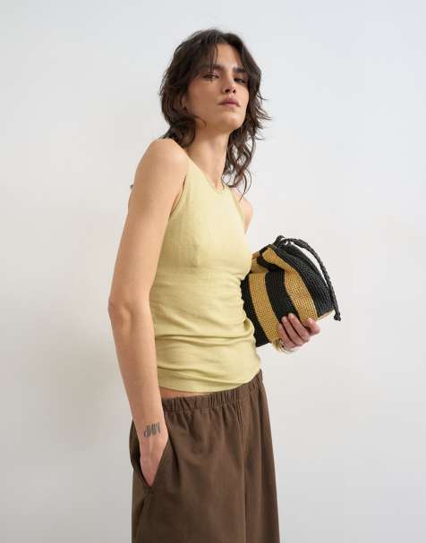 Topshop premium lyocell blend ribbed racer tank top in soft khaki - view 1