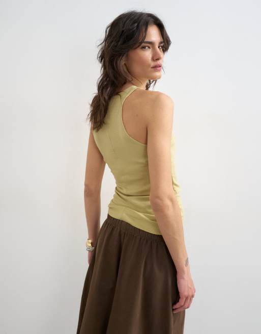 Topshop premium lyocell blend ribbed racer tank top in soft khaki, 3 of 4