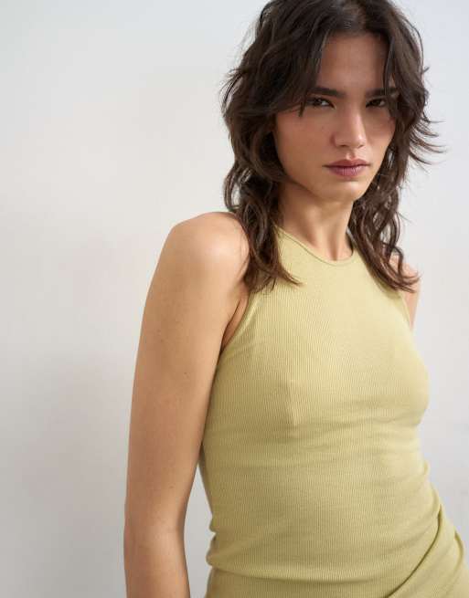 Topshop premium lyocell blend ribbed racer tank top in soft khaki, 4 of 4