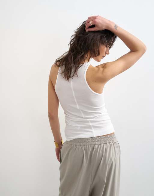 Topshop premium lyocell blend soft rib racer tank top in white, 4 of 4