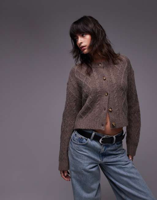 Topshop - Premium - Lys beige kabelstrikket cardigan i kashmir