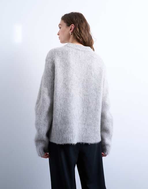 Topshop - Premium - Lysegrå lodden striktrøje i alpaka med V-hals, 3 af 4