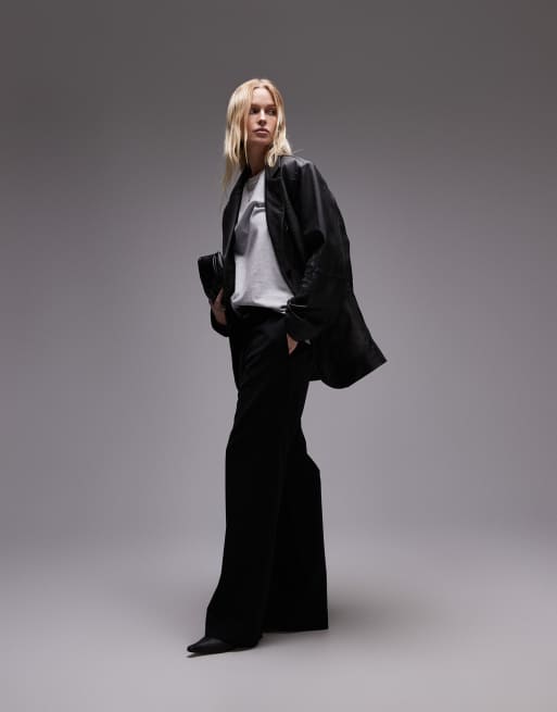 Topshop Premium – Marynarka z naturalnej skóry w spranym czarnym kolorze