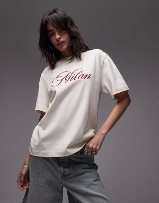 Topshop Premium – Maślany T-shirt z krótkimi rękawami i haftowanym napisem „Milan”