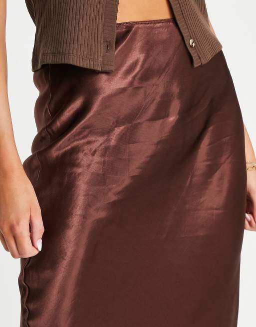 Topshop premium maxi bias satin skirt in chocolate, 2 of 4