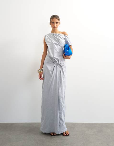 Topshop Premium-Maxikleid aus Baumwolljersey mit Drapierung und asymmetrischem Schnitt in Graumeliert - view 1