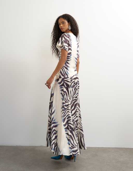 Topshop Premium-Maxikleid aus Viskose-Satin mit Bindegürtel in Mono-Zebra, 4 von 4
