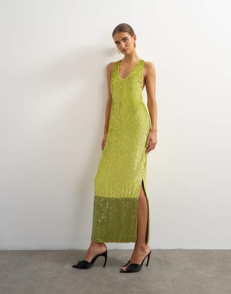 Topshop Premium-Maxikleid mit Paillettenverzierung, tiefem U-Ausschnitt und Kontrastdetail in Limettengrün - view 1