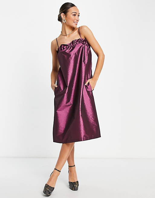 Women Topshop premium metallic taffeta chuck on slip dress in pink 