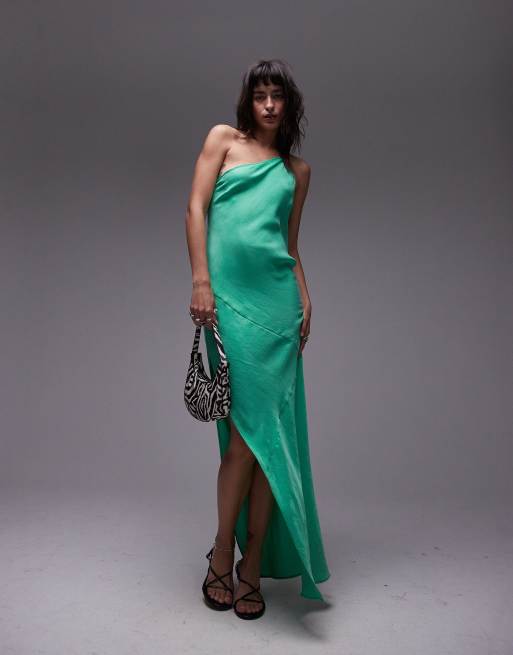 Topshop - Premium midi jurk met blote schouder en uitsnijding in groen