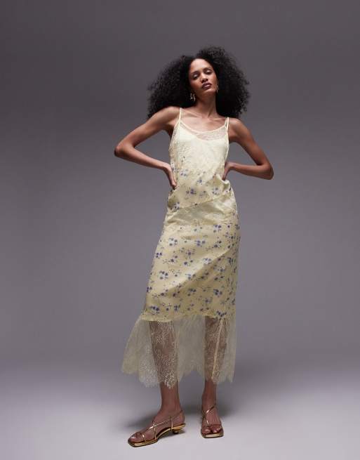 Topshop - Premium - Midi-jurk met lage ronde hals, kant en uitneembare voering in geel met bloemenprint