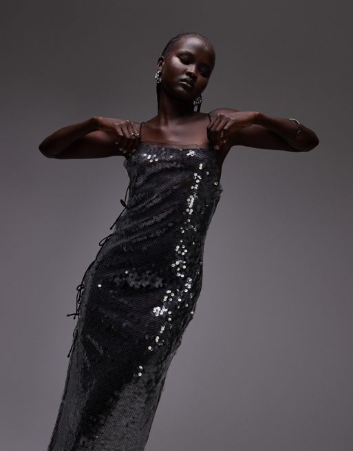 Topshop - Premium - Midi jurk met strikdetail en lovertjes in grijs