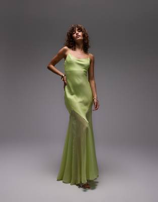 Topshop - Premium - Midikleid aus Stoffmix in Limettengrün mit Godet-Saum