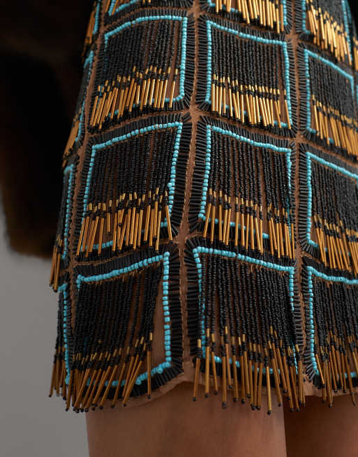 Topshop premium mini-jupe à franges fortement ornée bleue et noire, 4 de 5