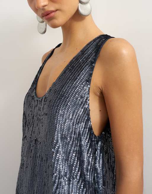 Topshop premium mini-robe ornée de sequins à large encolure dégagée, contrastée, en gunmetal et pêche, 3 de 4