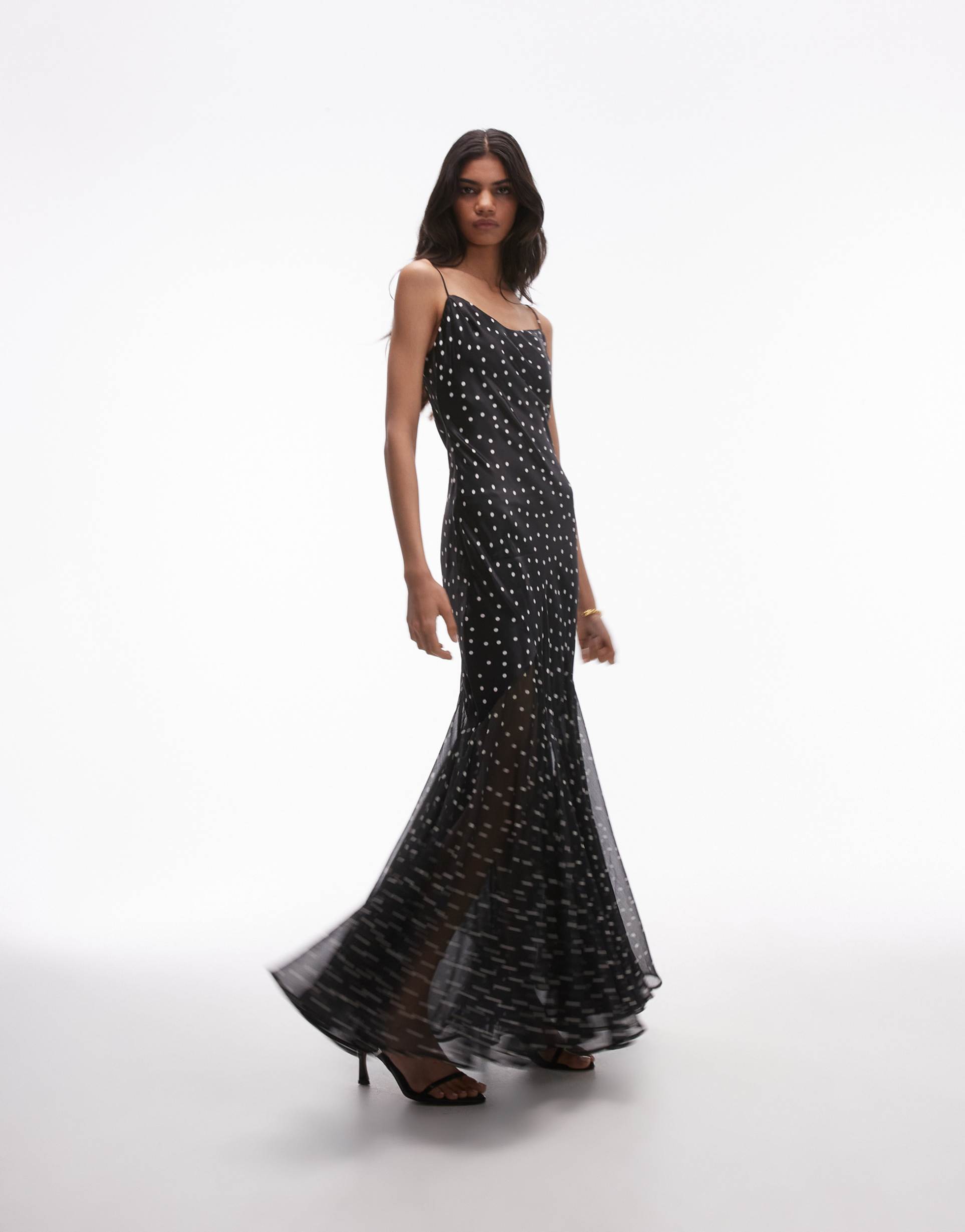 topshop premium mixed fabric flare hem maxi dress in mono spot