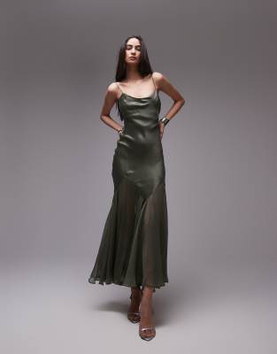 Topshop Premium Mixed Fabric Flare Hem Midi Dress In Khaki-green