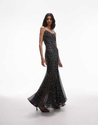 Topshop premium mixed fabric godet hem maxi dress in mono spot-Black