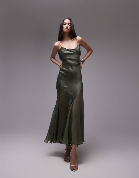Topshop premium mixed fabric godet hem midi dress in khaki - view 1