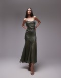 [Topshop] Topshop premium mixed fabric godet hem midi dress in khaki-Green 18 khaki