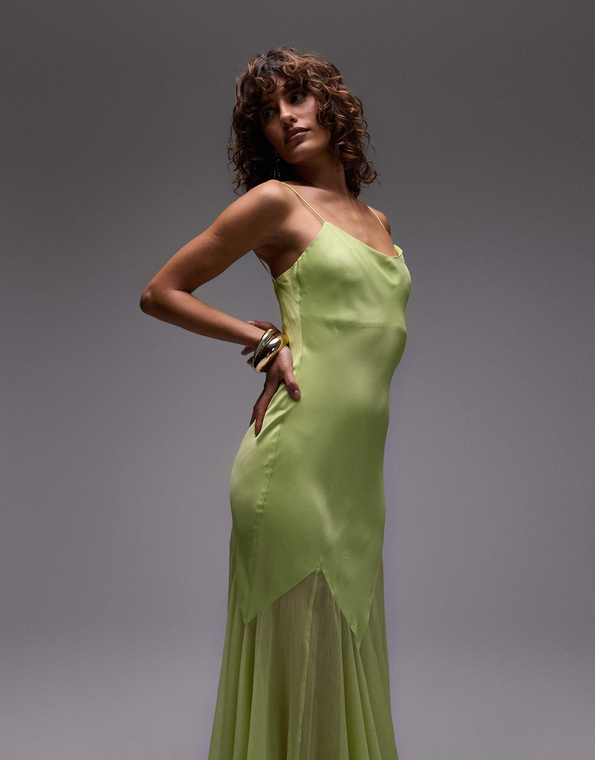 topshop premium mixed fabric godet hem midi dress in lime