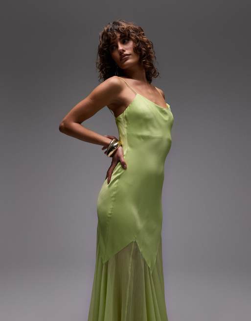 Topshop premium mixed fabric godet hem midi dress in lime