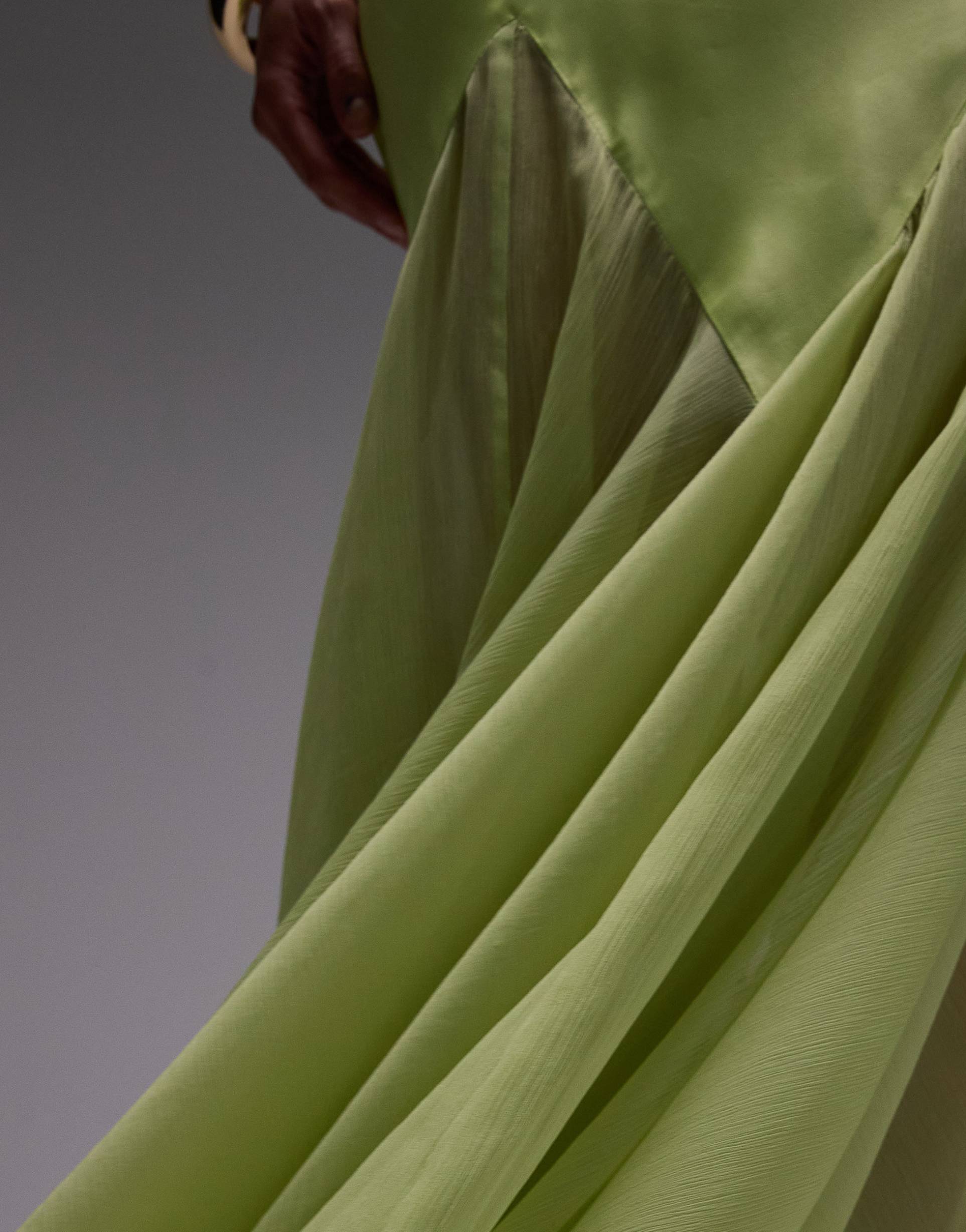 topshop premium mixed fabric godet hem midi dress in lime
