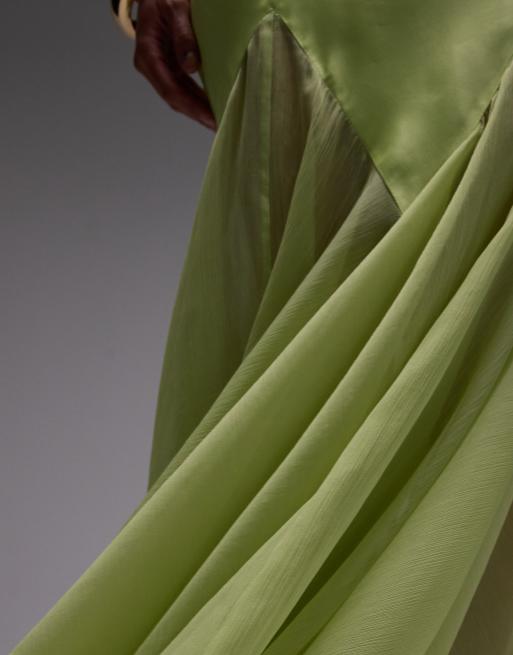 Topshop premium mixed fabric godet hem midi dress in lime