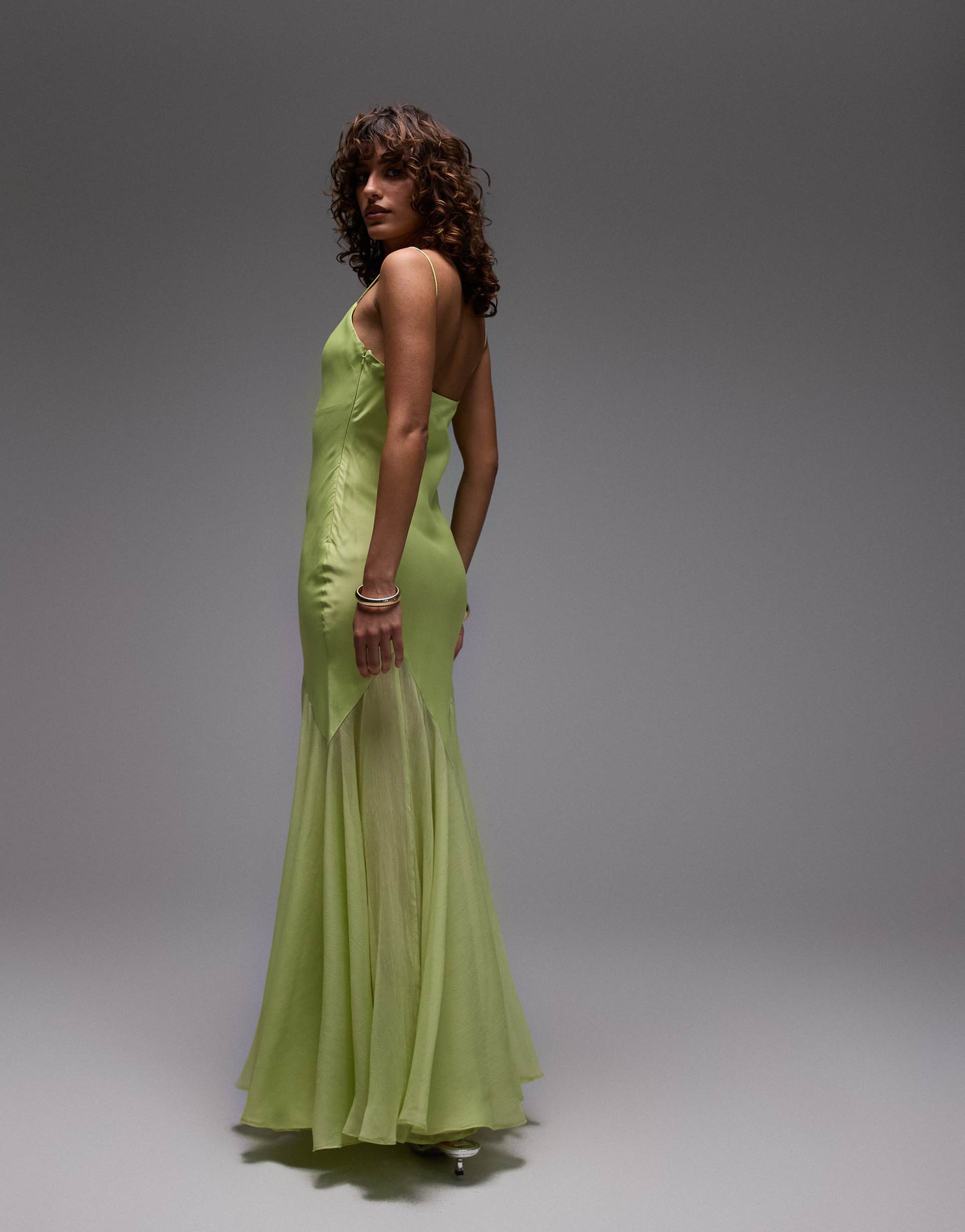 topshop premium mixed fabric godet hem midi dress in lime