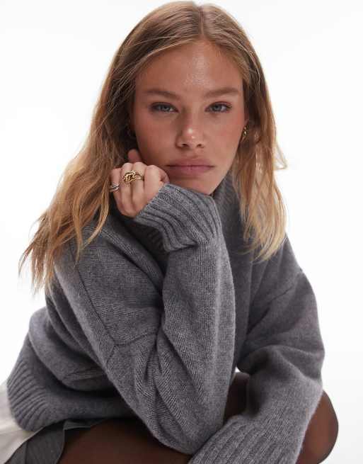 Topshop – Premium – Mörkgrå, stickad tröja i 100% lammull med v-ringning och avslappnad passform, 2 av 4
