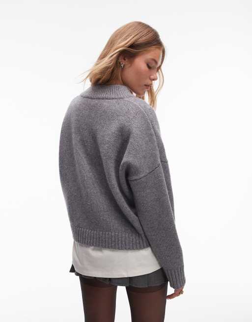 Topshop – Premium – Mörkgrå, stickad tröja i 100% lammull med v-ringning och avslappnad passform, 3 av 4