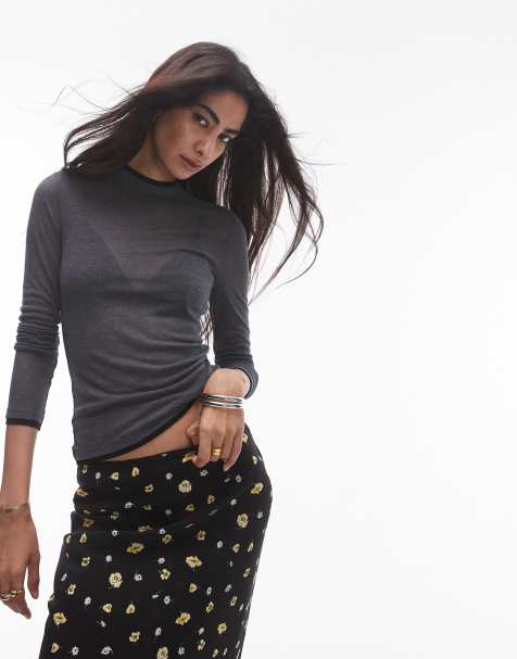 Topshop – Premium – Mörkgråmelerad, enkel och skir topp med långa ärmar, ståkrage och kontrastkanter - view 1